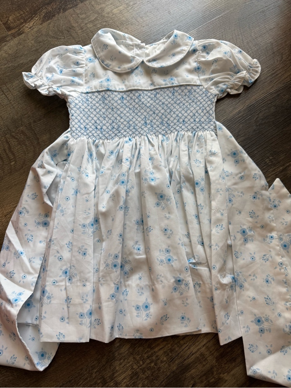 White Dress with Blue Floral Smocking